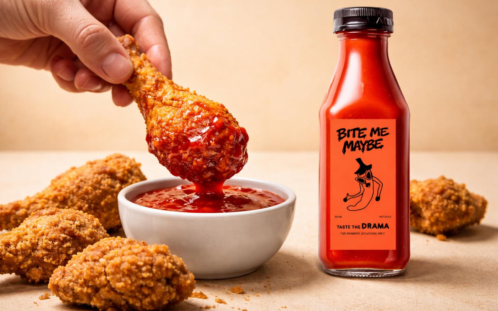 A bottle of Bite Me Maybe hot sauce standing next to crispy fried chicken, showcasing the bold orange "Taste the Drama" label.