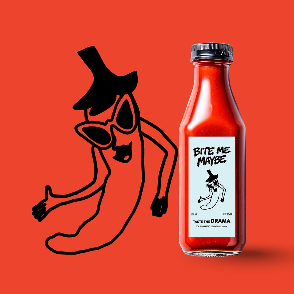 A red background featuring a bottle of hot sauce next to an illustration of a chili pepper character with arms and legs.