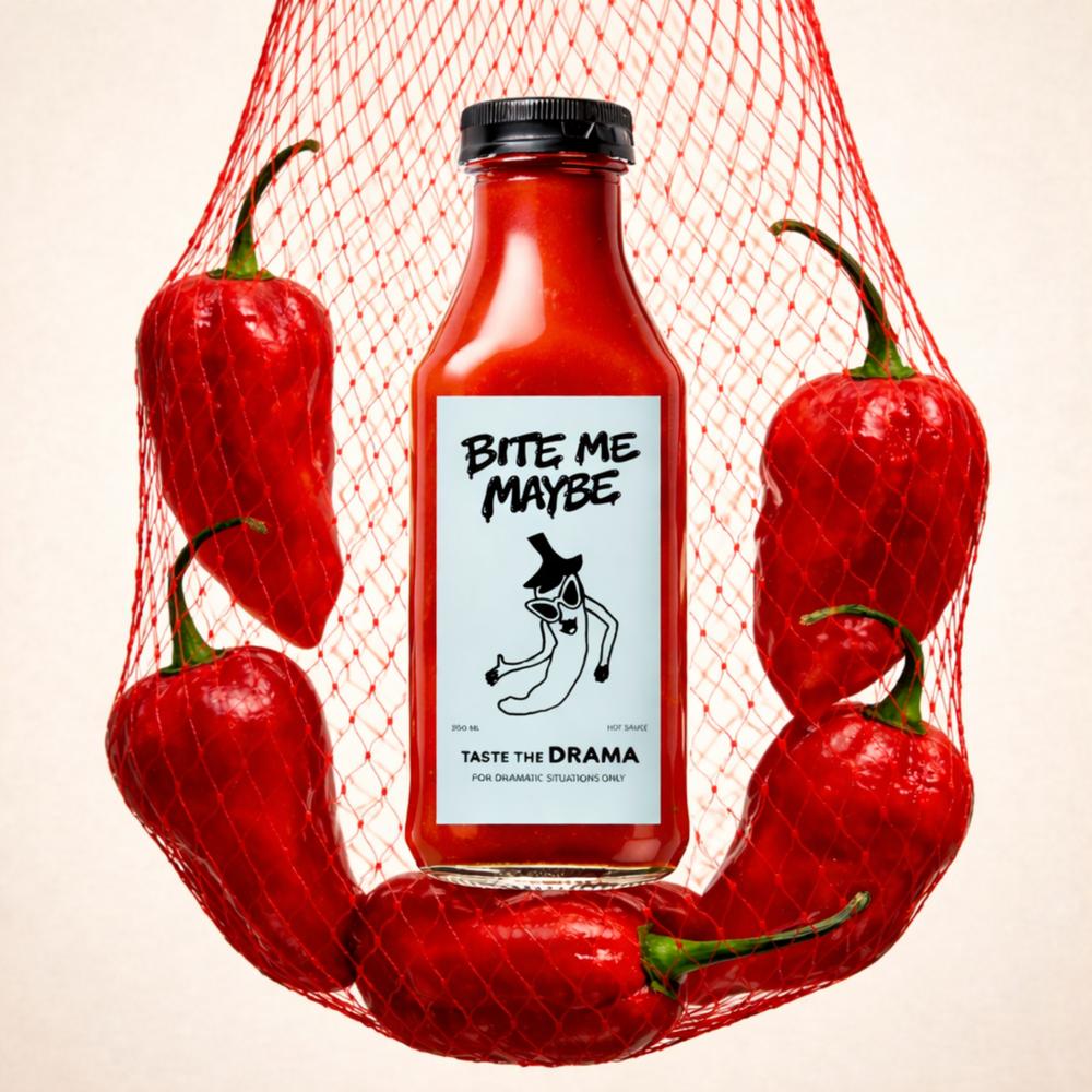 A bottle of hot sauce placed inside a red mesh produce bag, surrounded by red peppers on a white background.