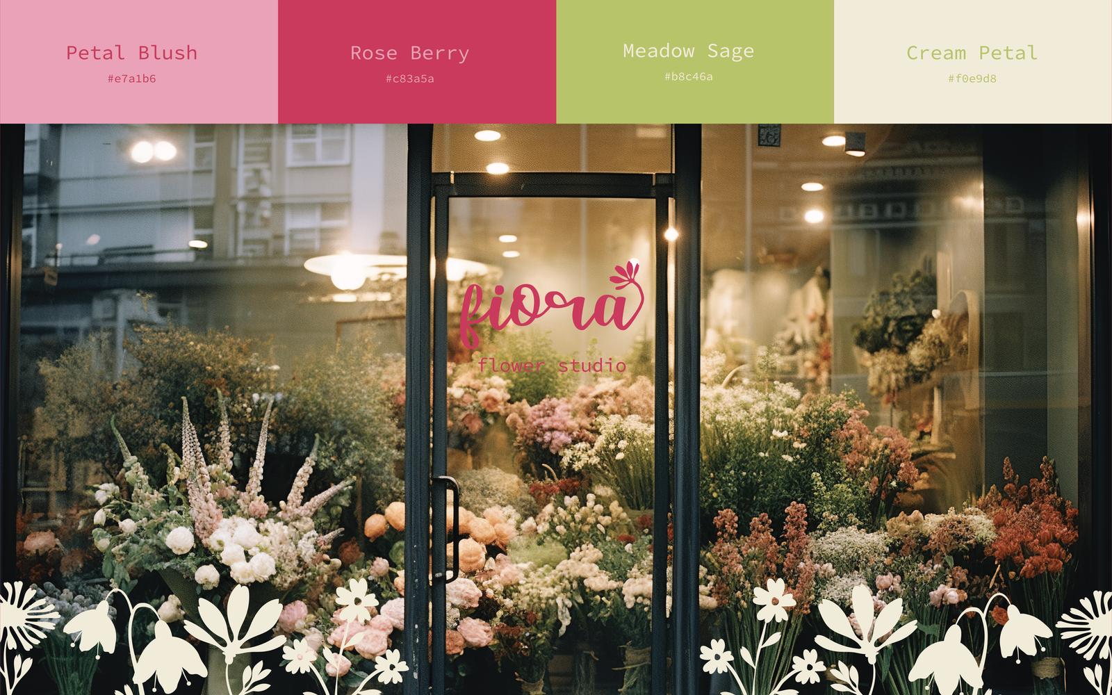 Nighttime view of Fiora Flower Studio storefront with warm lighting and a pastel color palette overlay including Petal Blush and Rose Berry.