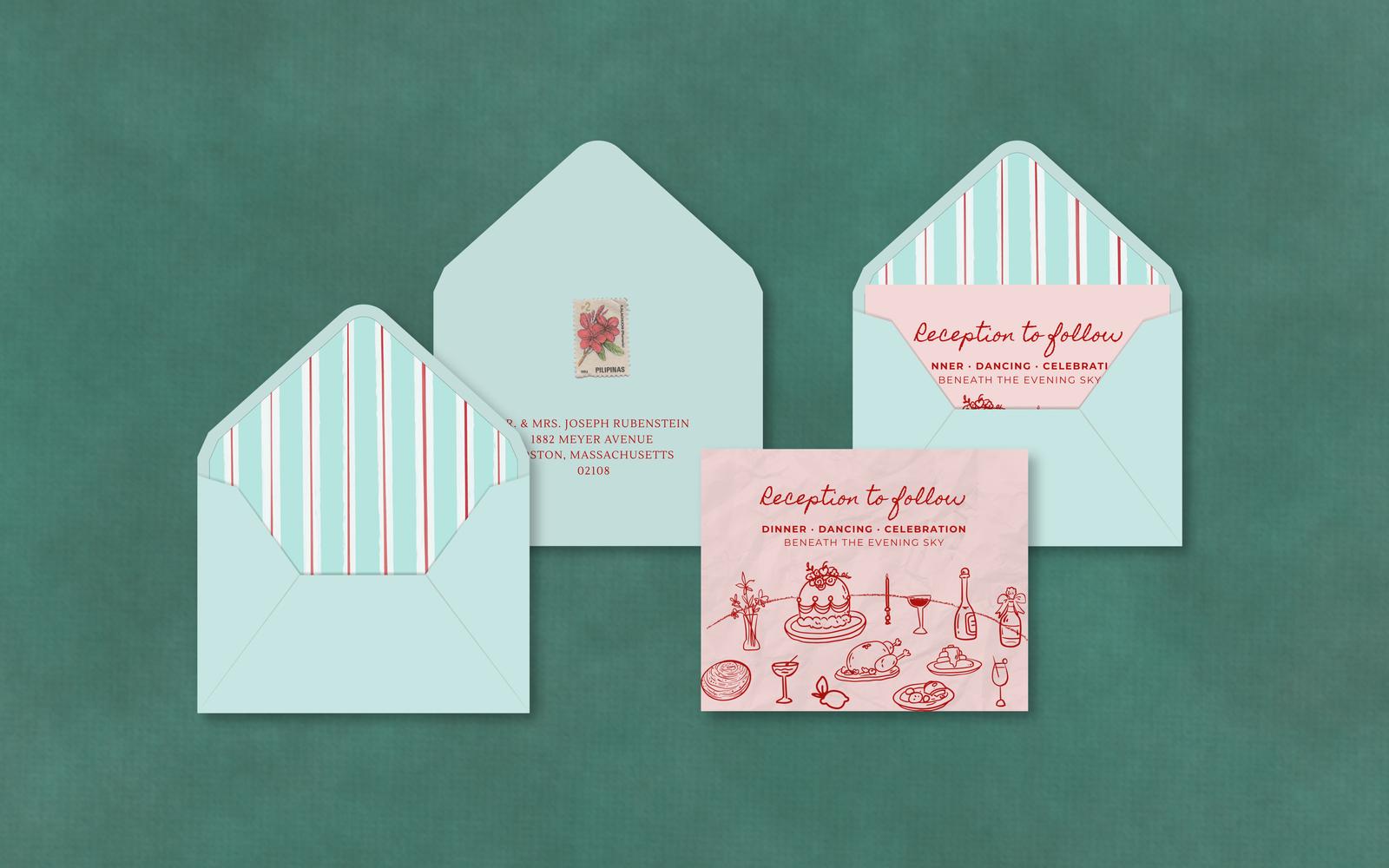 Custom Mediterranean wedding stationery suite featuring sage green envelopes, striped liners, and red calligraphy.
