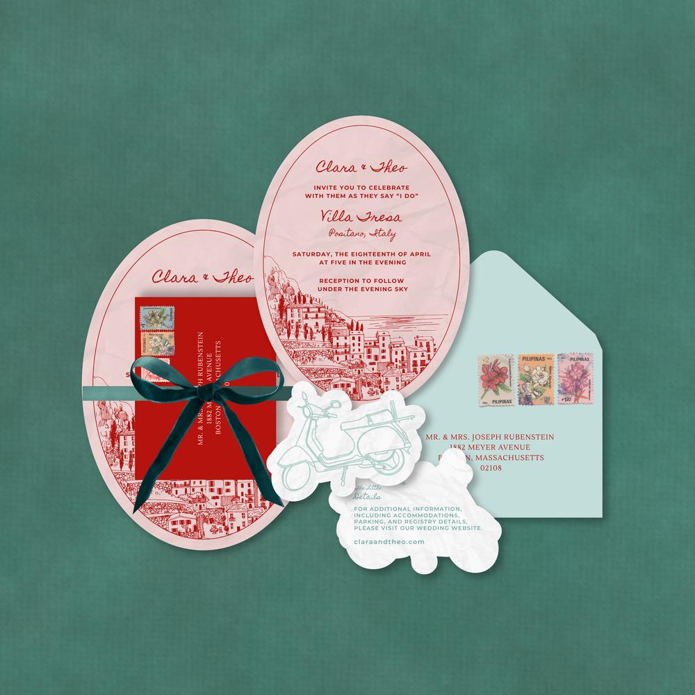 Oval-shaped wedding invitations featuring red accents and vintage scooter illustrations.