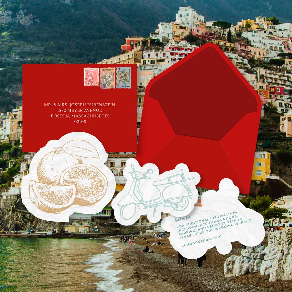 Full Mediterranean wedding stationery suite displayed on a rock with a coastal background.