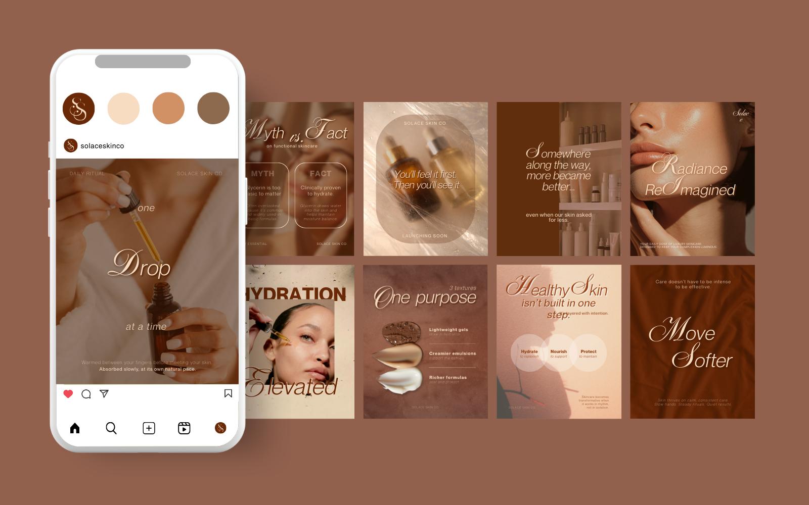 A smartphone mockup displaying Solace Skin Co.'s new Instagram grid featuring warm earth tones and premium skincare branding.