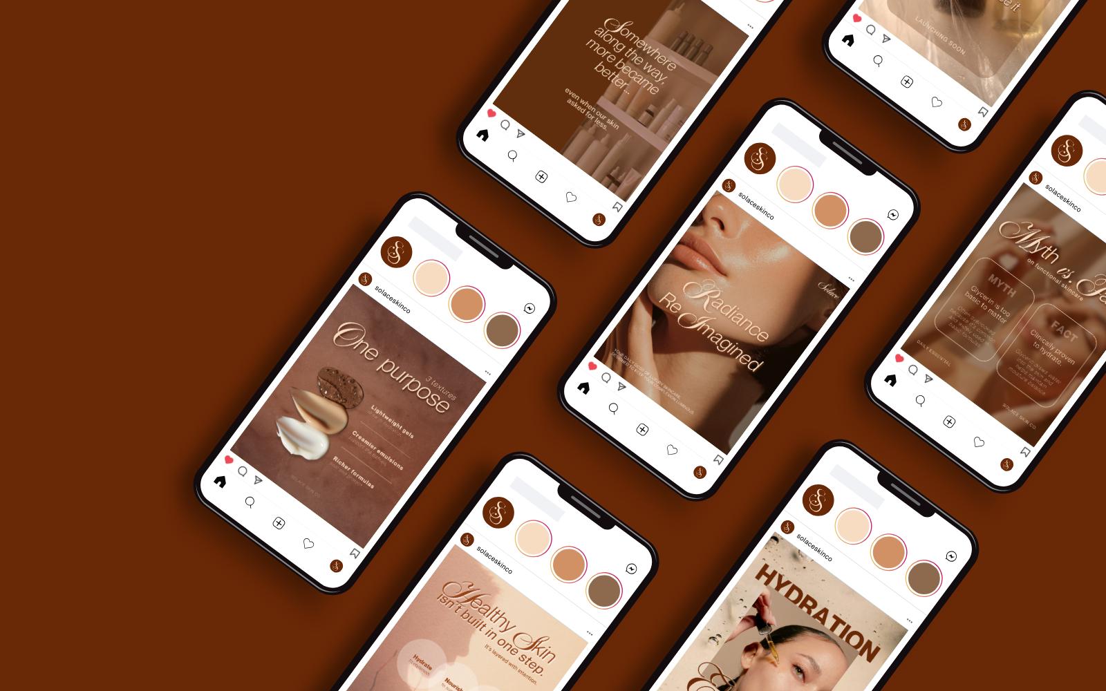 Multiple floating smartphone screens showcasing the romantic editorial style and visual identity of the Solace skincare app.