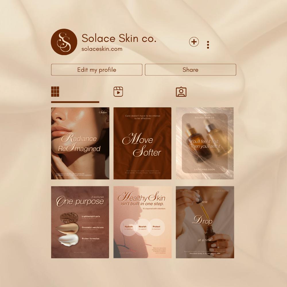A mobile screen displaying the Solace Skin Co. Instagram profile layout, featuring branded highlight covers and bio text.