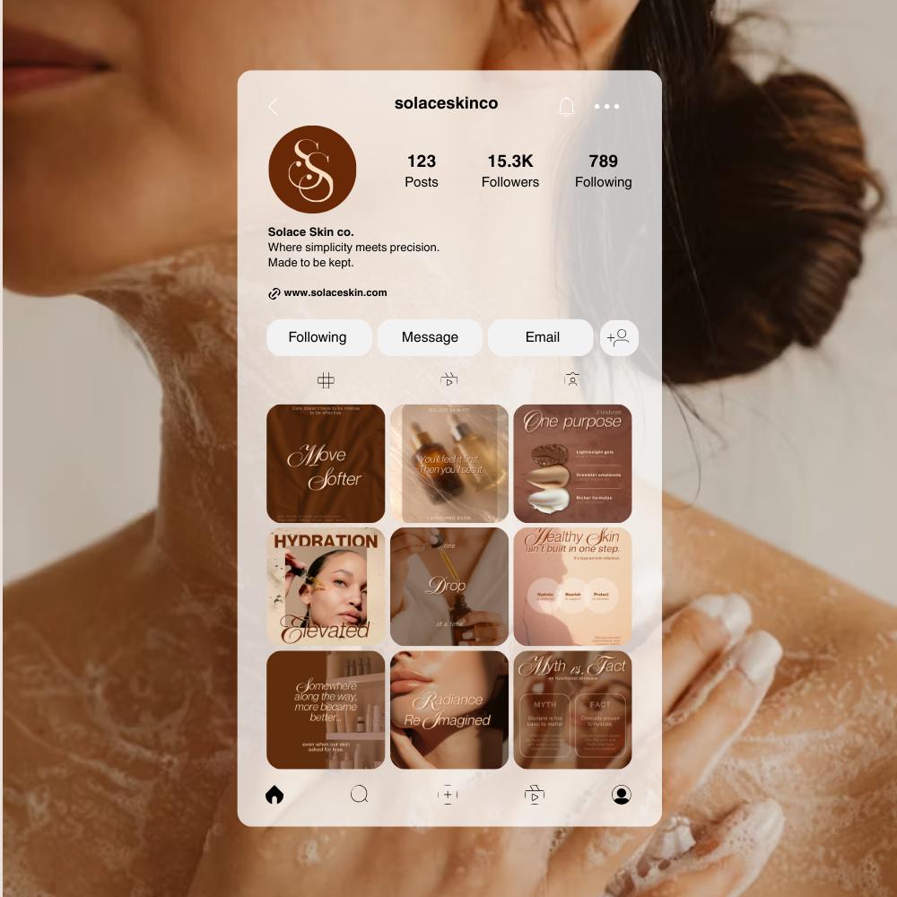 A mobile screen showing an Instagram feed post with moody, editorial photography of a woman applying skincare products.