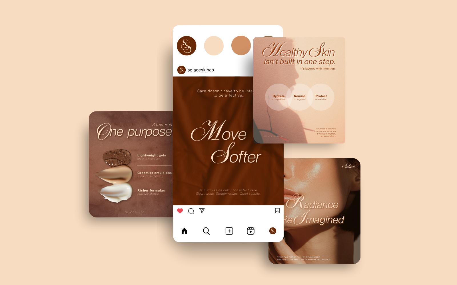 A smartphone mockup displaying Solace Skin Co.'s new Instagram grid featuring warm earth tones and premium skincare branding.