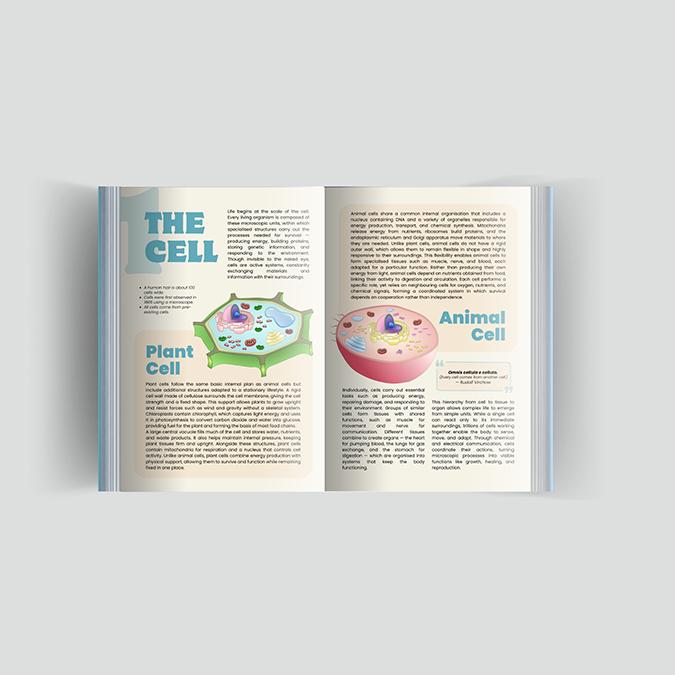 Educational infographic spread comparing Plant vs. Animal cells. 3D cross-section illustrations in a modern layout showing cell organelles and structure.