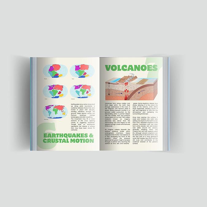 Cross-section illustration of a volcanic eruption. Geological science layout showing magma chambers, vents, and lava flow with clear typographic hierarchy.