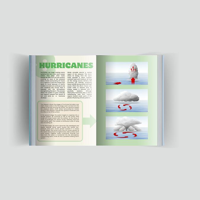 Step-by-step infographic spread illustrating hurricane formation over the ocean. Vertical panel layout with directional arrows showing air moisture and heat rise.
