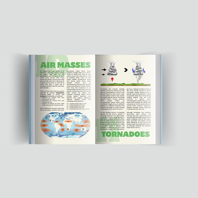 Meteorology magazine spread. Left page shows a global map of air masses; right page details the funnel formation mechanics of a tornado.