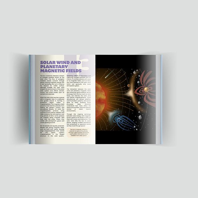 Space science illustration showing solar winds interacting with planetary magnetic fields. Dark mode editorial design with dynamic particle effects.