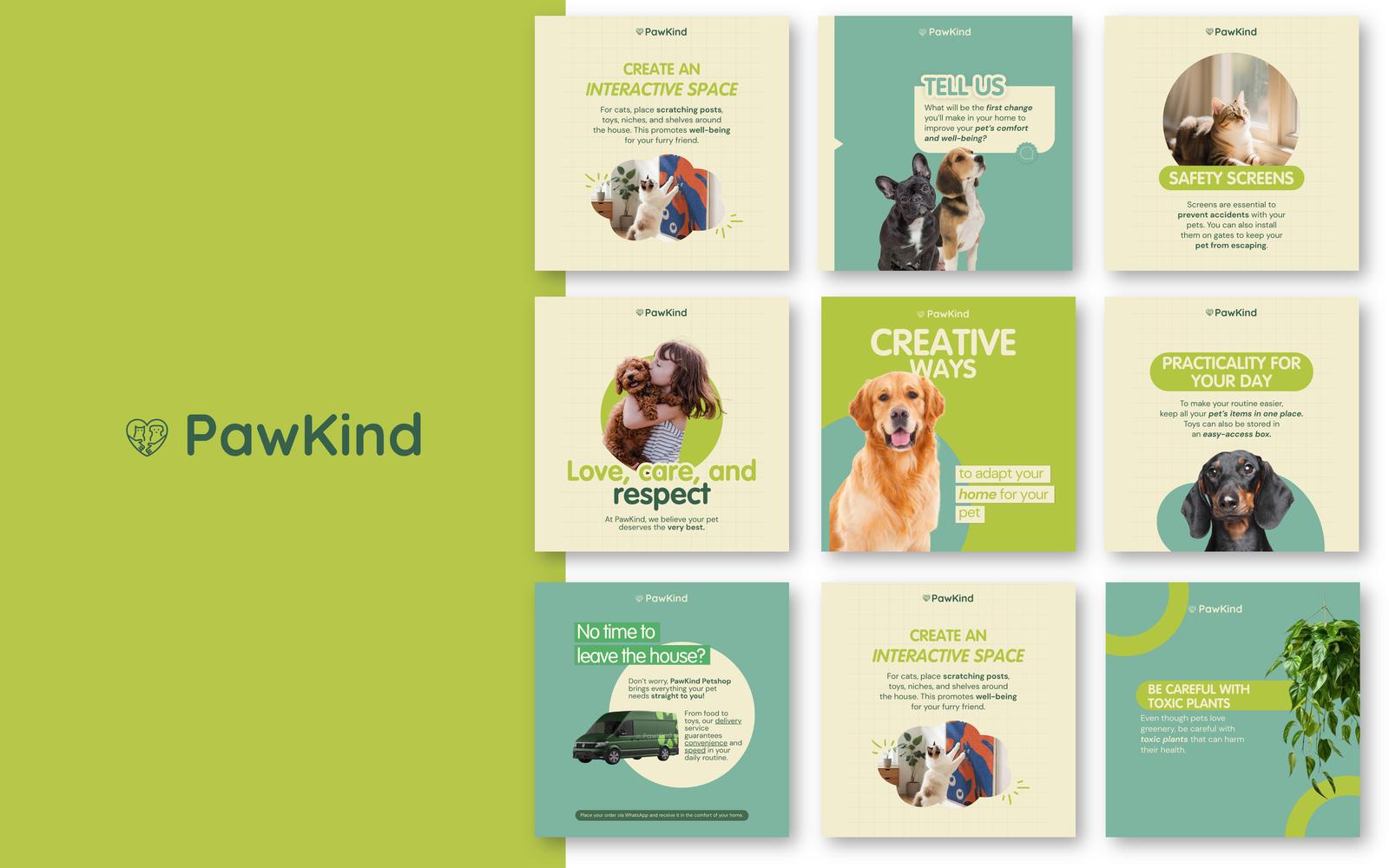 A 3x3 grid of Instagram posts for PawKind featuring soft green colors, dog photography, and educational pet care tips.