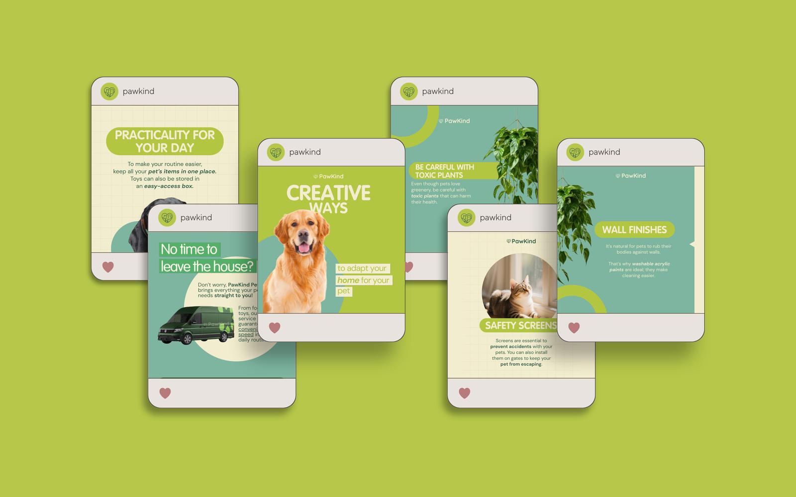 Five scattered social media post designs for a pet brand showing rounded typography and a calming green color palette.