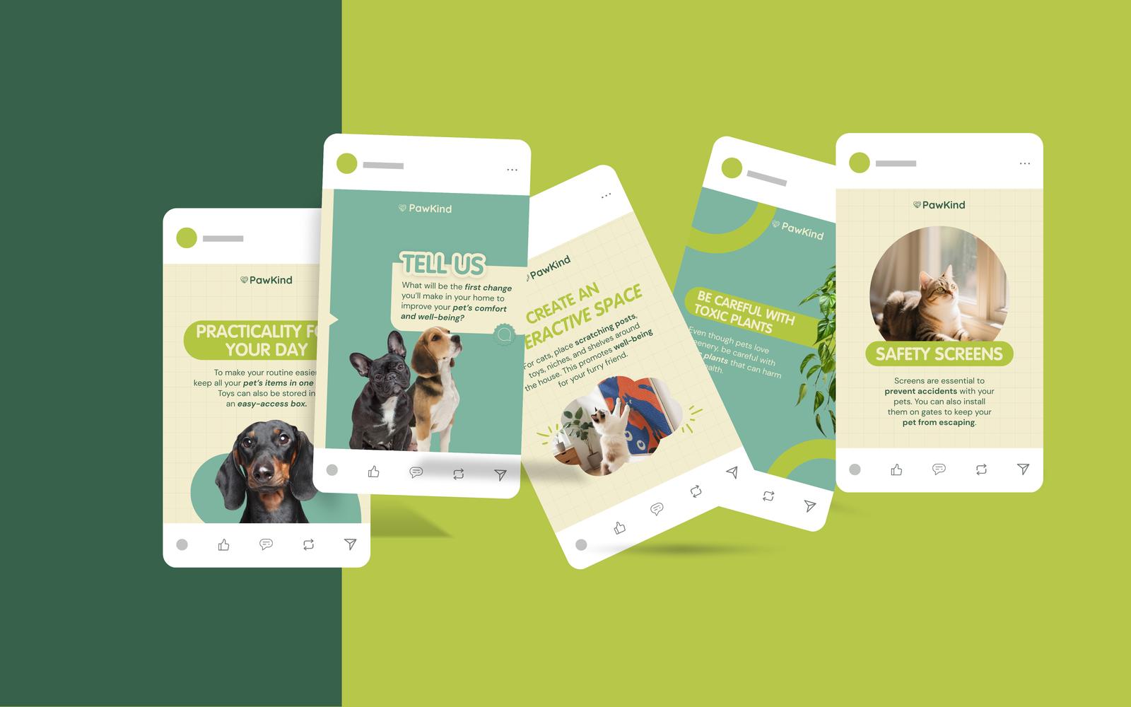 Four social media graphics floating in perspective, displaying a consistent visual identity and aesthetic for pet care.