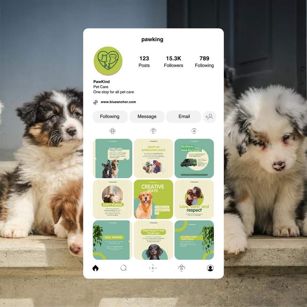 Mockup of PawKind's Instagram profile on a smartphone screen displayed against a background of Australian Shepherd puppies.