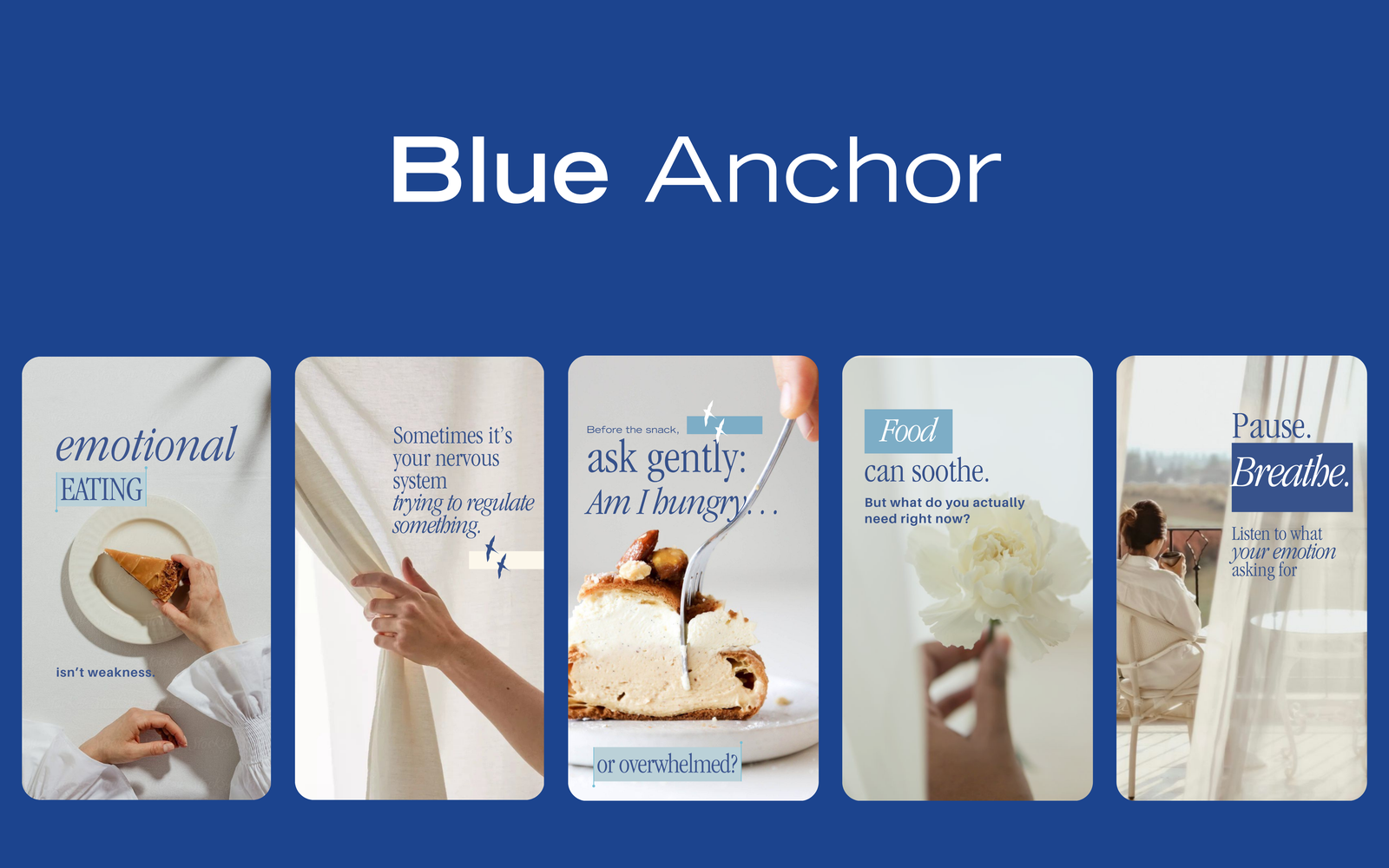 Five vertical Instagram story designs for Blue Anchor Psychology featuring soft blue tones, gentle photography, and calming typography.