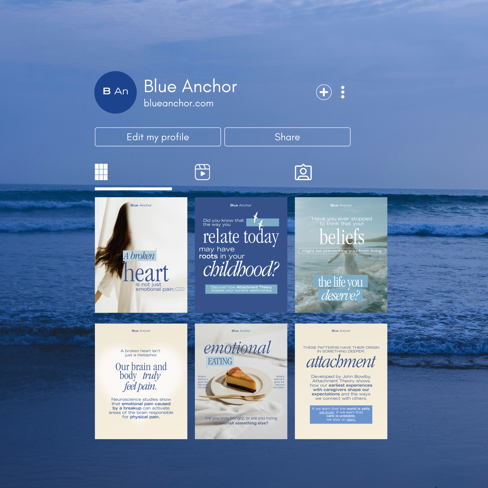 Blue Anchor Instagram profile interface, highlighting the bio, highlights, and cohesive grid.