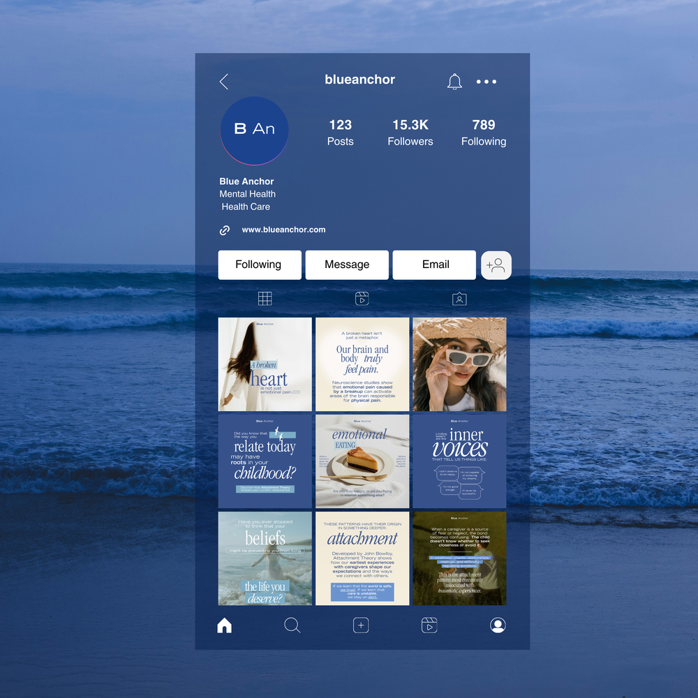A mobile screen displaying the Blue Anchor Instagram profile in dark mode, highlighting the dark blue brand color and white typography.