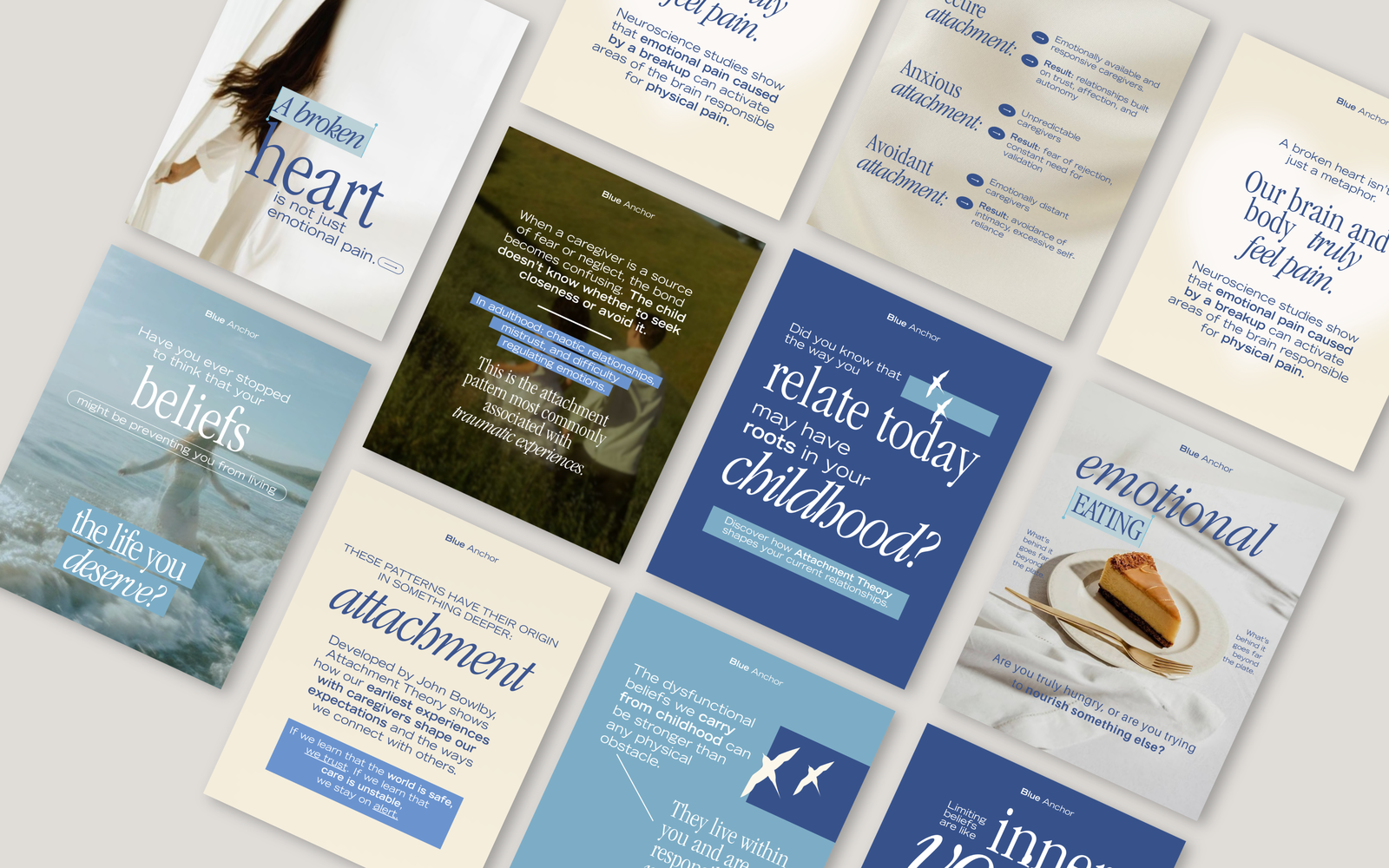 A grid of eight tilted square Instagram posts showcasing editorial typography, muted colors, and educational mental health content.