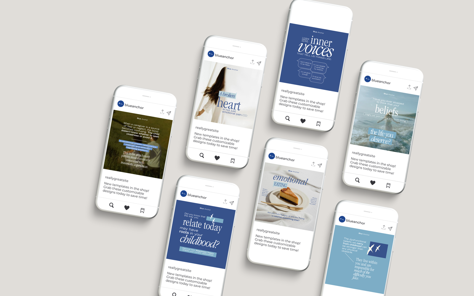 Seven white smartphones scattered on a surface, displaying various Blue Anchor Instagram templates and visual branding elements.