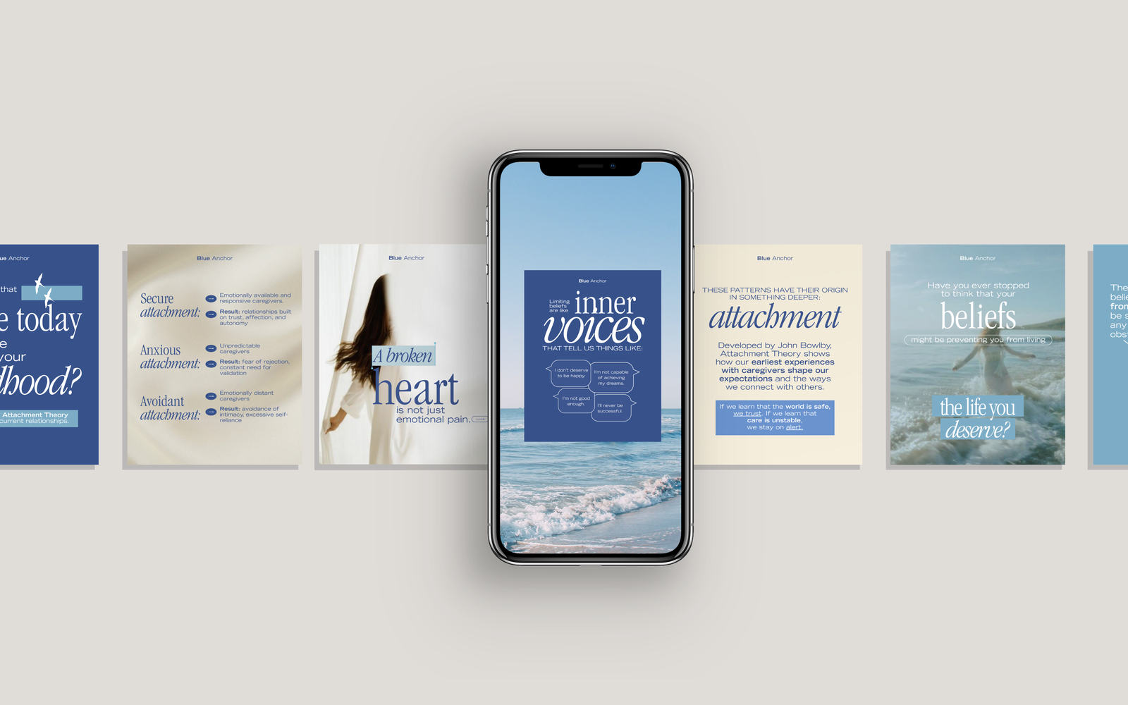 A central smartphone displaying an "Inner Voices" post, flanked by a horizontal sequence of matching educational carousel slides.